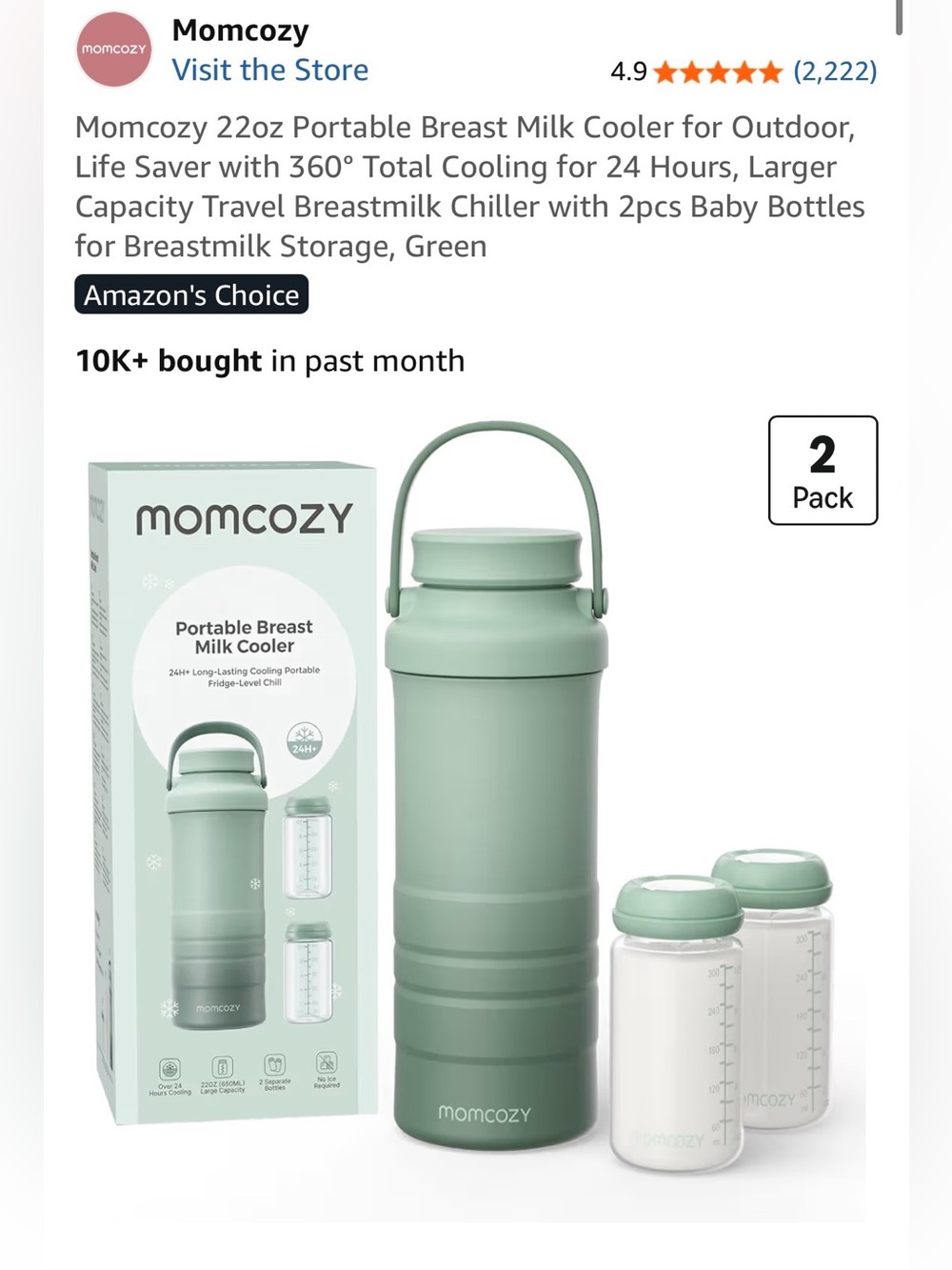 Momcozy Portable Breast Milk Cooler Bottle - Sage Green